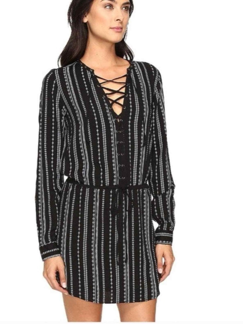 Paige Mirren Black Striped Lace-Up Long Sleeve Women's Dress ❤️❤️